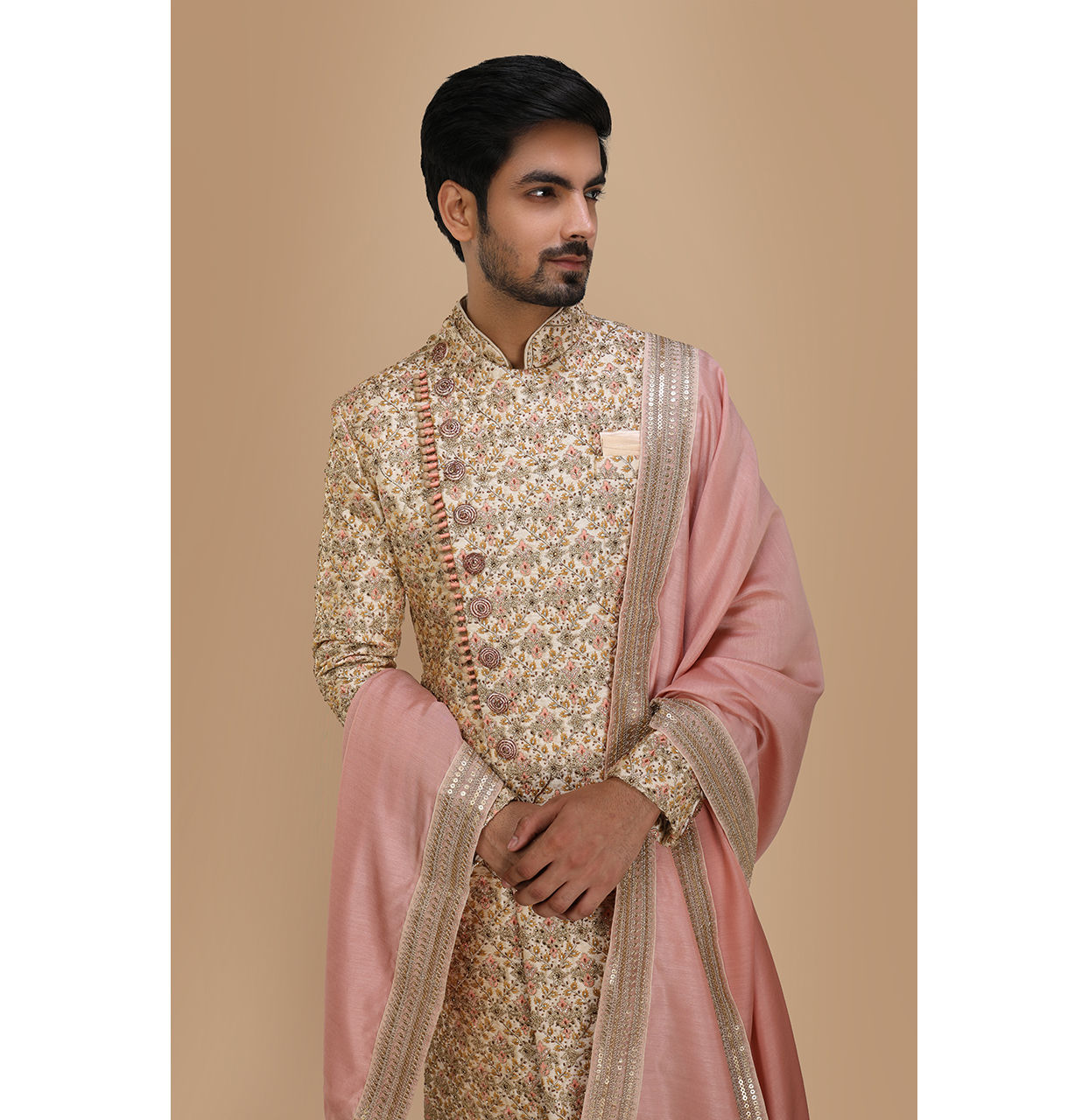 alt message - Manyavar Men Aesthetic Fawn Patterned Sherwani Set image number 0